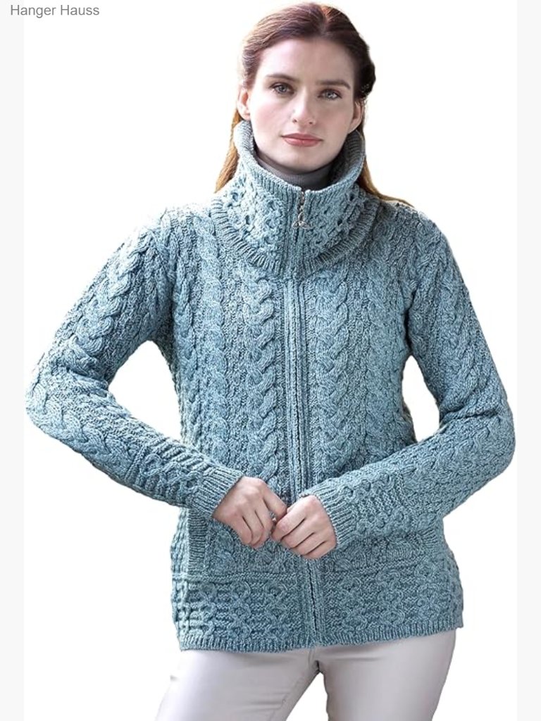 Women's Merino Wool Double Collar Zip Cardigan - Irish Aran Knitwear